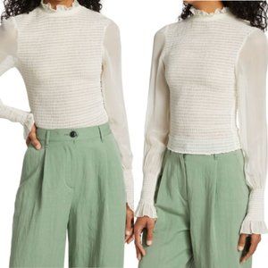 NWT Rag & Bone Kayden Sheer Smocked Ruffle Blouse Sz L in Light Dove
